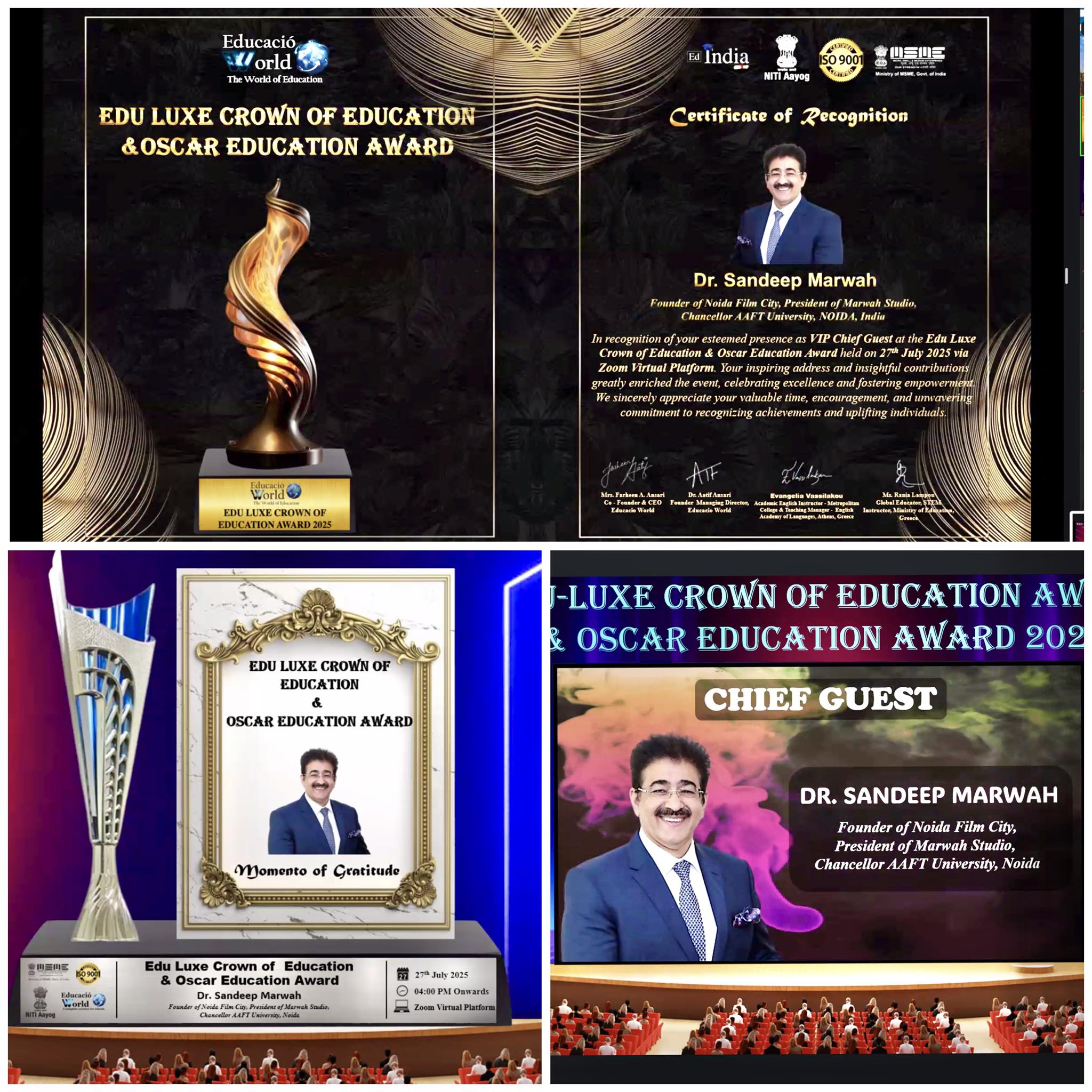 Dr. Sandeep Marwah Inaugurates International Education Summit; Honored with Eduluxe Crown of Education and Oscar Education Award