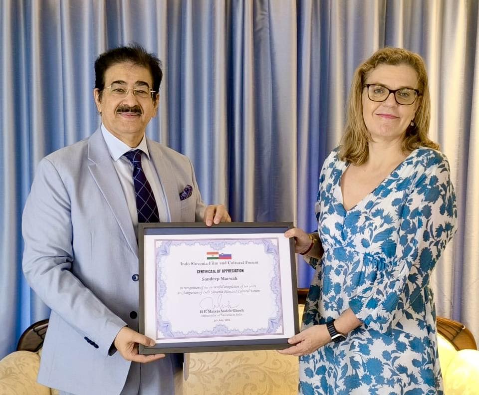 Dr. Sandeep Marwah Receives Certificate of Appreciation from Ambassador of Slovenia for a Decade of Cultural Collaboration